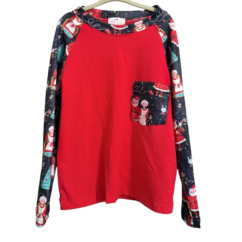 Pete and Lucy Boys Long Sleeve Christmas Pajama Shirt Red Santa Pattern